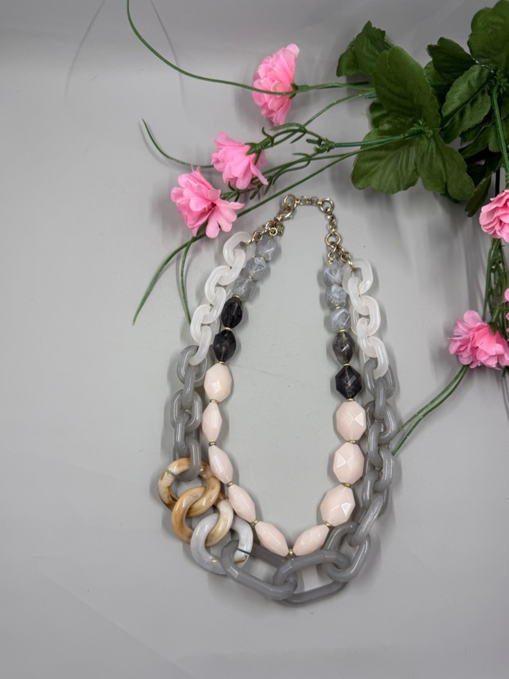 Banana Republic Gray, Pink & Cream Chunky Multi-Strand Acrylic Necklace